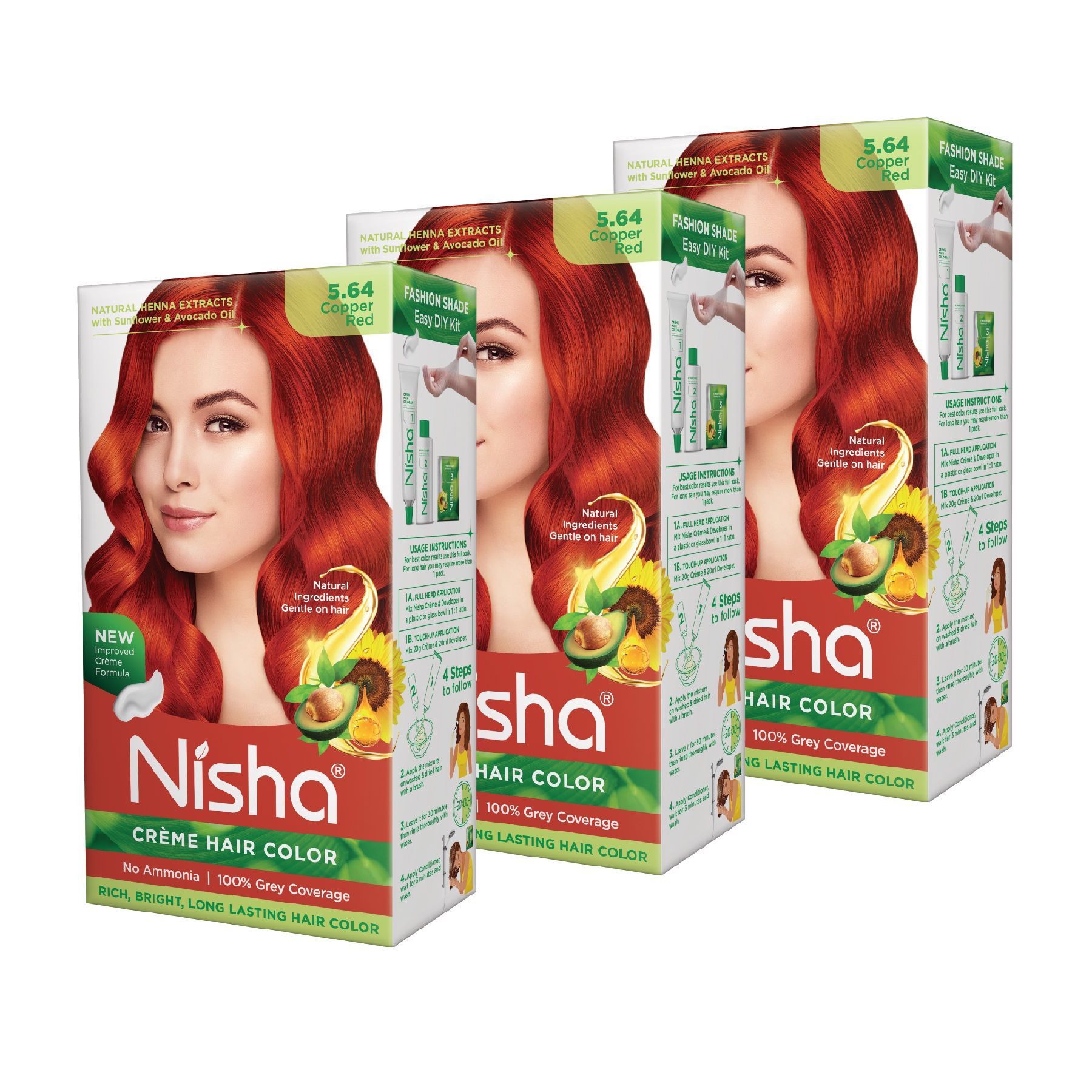 Nisha Creme Hair Color 5.64 Copper Red 120g Pack of 3 Permanent Hair Colour for Women Men, No Ammonia 100% Grey Coverage