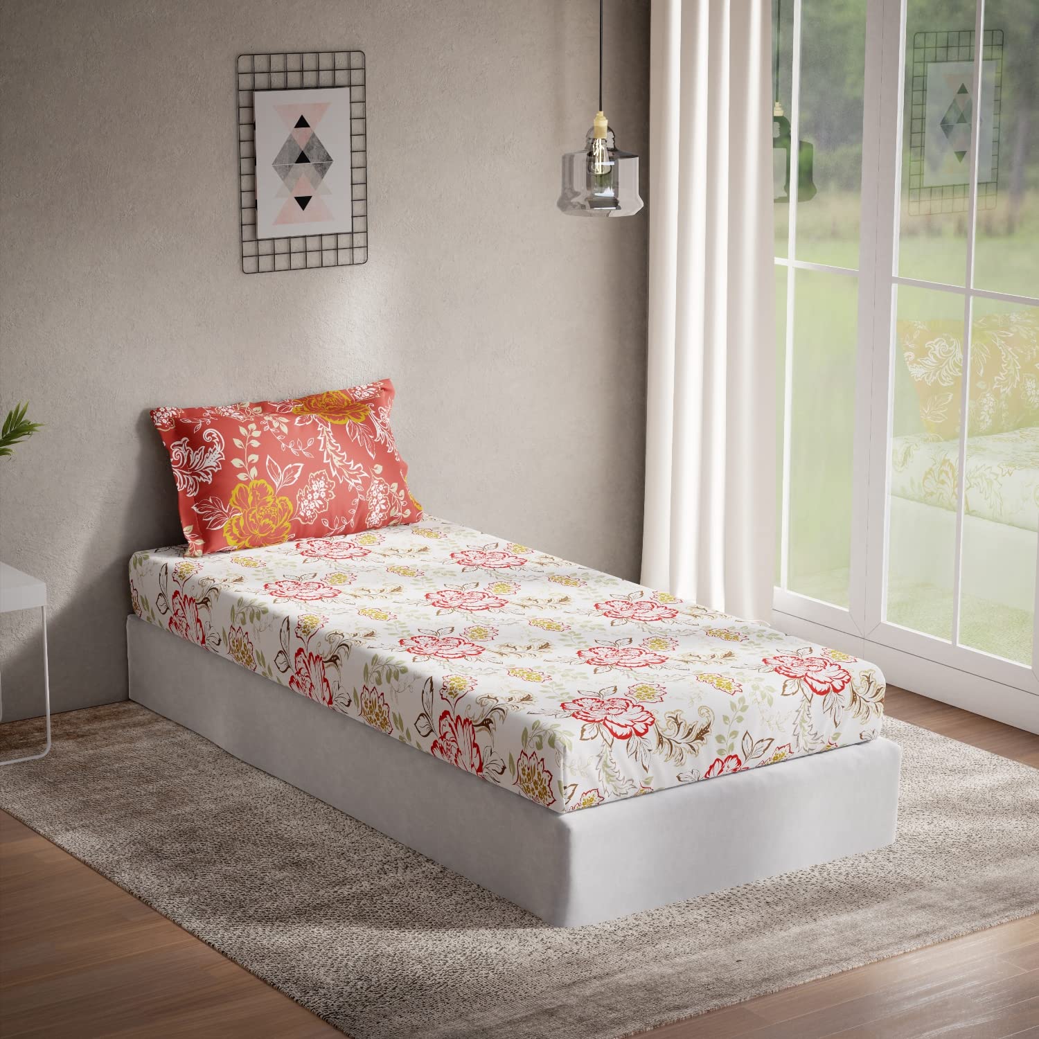 DDECOR - Alpha Collection 100% Cotton Floral Pattern 144 TC Single Bedsheet|152 CM X 224 CM| - Red