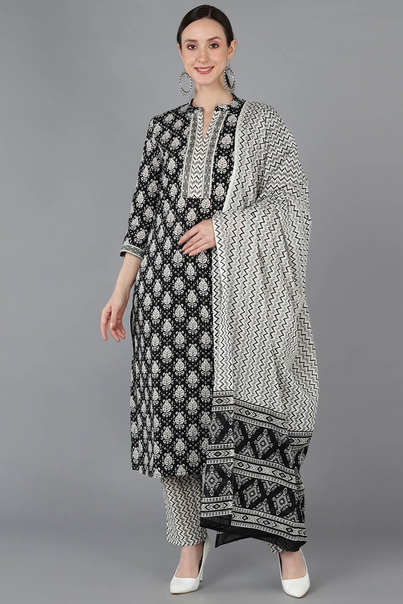 Black Cotton Blend Ethnic Motifs Straight Suit Set VKSKD1673