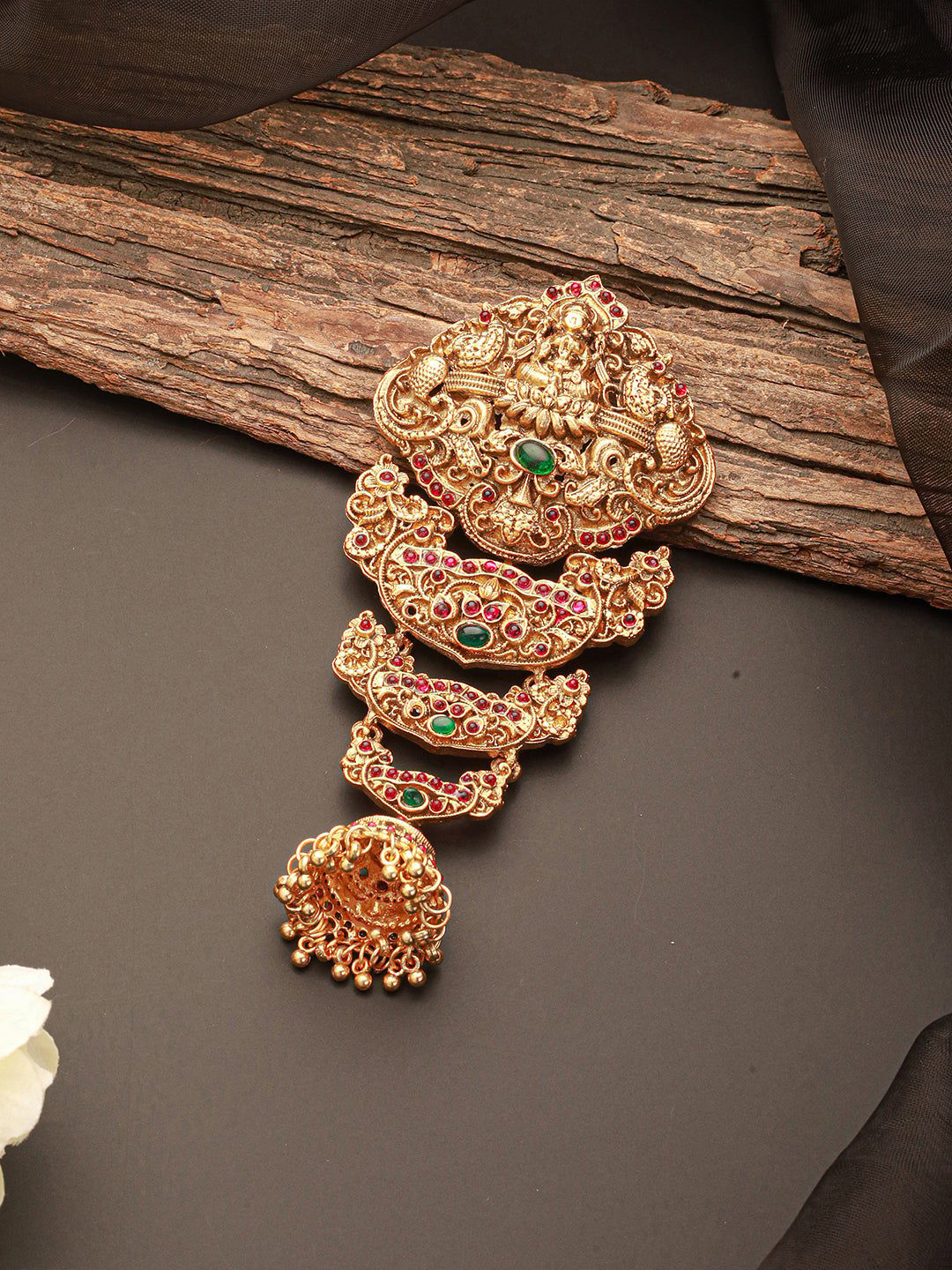 Gold Plated Red Kempo Studded Nagas Lakshmiji  Temple Jadai Billa Hair Braid Choti