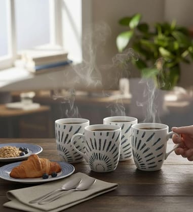 Table & Tale Premium Porcelain Mug with Blue Elegant Pattern | Made in Sri Lanka | Vegan | Vegan, Bone-Ash Free | Durable, Scratch-Resistant | Ideal for Coffee, Tea & Gifting | Set of 4
