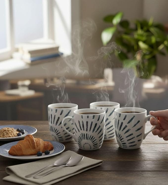 Table & Tale Premium Porcelain Mug with Blue Elegant Pattern | Made in Sri Lanka | Vegan | Vegan, Bone-Ash Free | Durable, Scratch-Resistant | Ideal for Coffee, Tea & Gifting | Set of 4