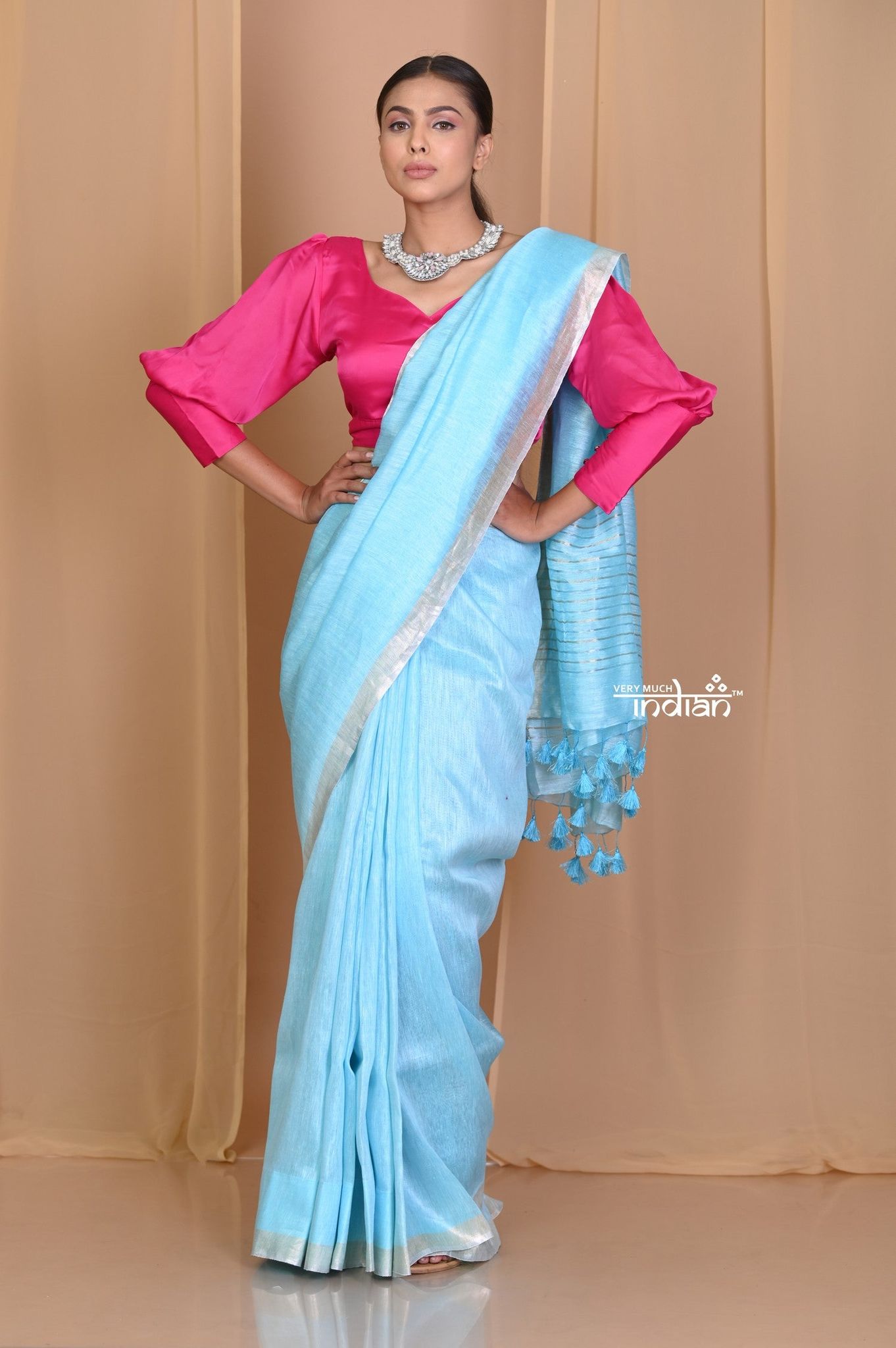 Pehal~ Plain Sea Blue Linen Silk with Sleek Border & Plain Pallu