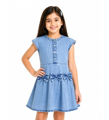 Girl's Denim Embellished Cap Sleeve Bow Dress (Light Blue, 3-4-Yrs)-PID66011 Girl's Denim Embellished Cap Sleeve Bow Dress (Light Blue, 3-4-Yrs)-PID66011