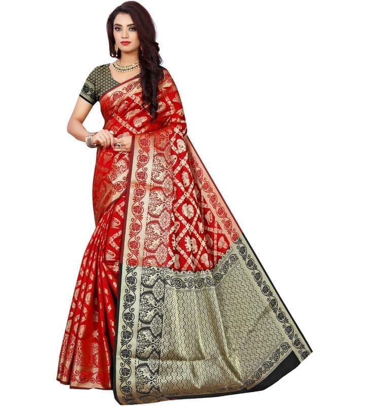 Women's Jacquard Woven Saree With Unstitched Blouse 5.5Mtr (Red)-PID54609