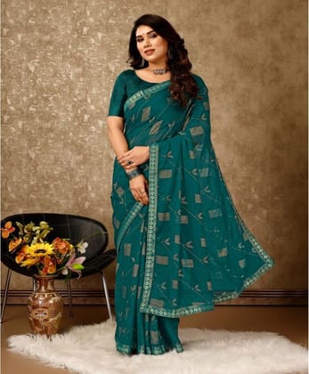 Women's Zomto Patta Chiffon Saree with Unstitched Blouse (Teal Blue, 5-6 Mtrs)
