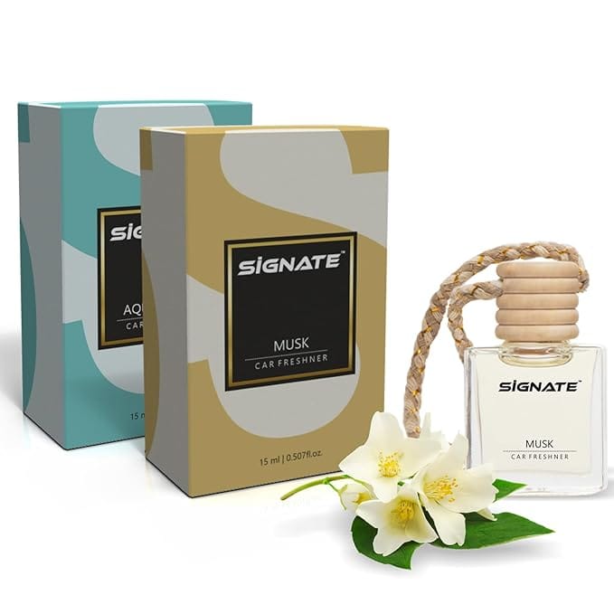 Signate Car Perfume with Natural Fragrance Essential Oils | Car Air Fresheners Long Lasting Upto 90 Days | Hanging Pod in Glass Bottle with Wooden Diffuser Lid (Musk 15ML + Aqua Lotus Air 15ML)
