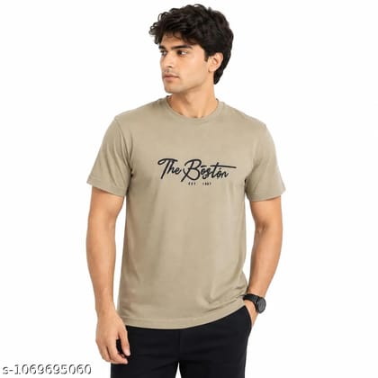 Mens The Boston Printed Round Neck Half Sleeve Cotton Blend T-Shirt (Beige)