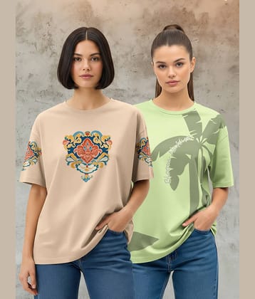 HELLCAT Women Cotton Blend Printed Oversized Fit Round Neck T-Shirt ( Multicolor 3 )