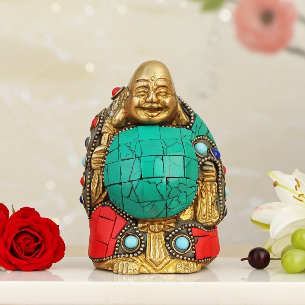 Brass Laughing Buddha Turquoise Stone Statue - Premium Decor Piece, Height : 3.8 Inch (BSMAS325 C)