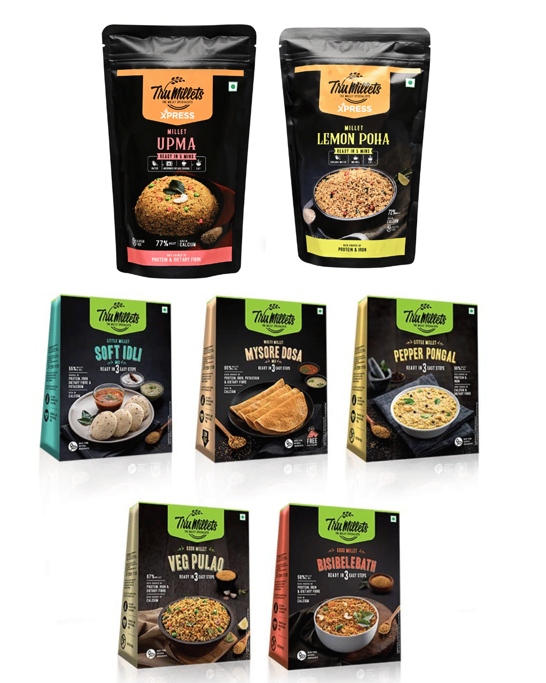 Trumillets Healthy Millet Instant Mix Breakfast Combo Pack of 7 (Veg Pulao, Masala Dosa, Soft Idli, Lemon Poha, Bisibelebath, Upma & Pepper Pongal)(5 Pack of 200 GRM, 2 Pack of 180 GRM)