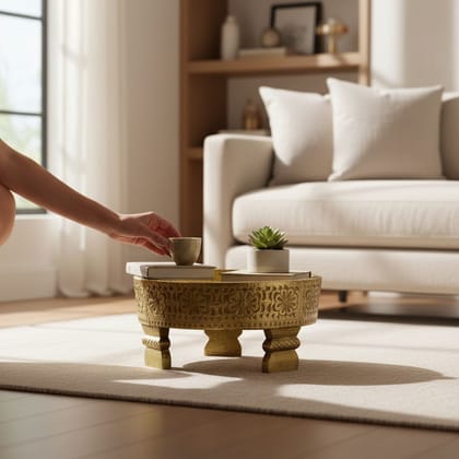 VMAntique Decor Handicraft Chakki Table, Bedroom Decors Lamp-Table, Brass Embossed Wooden Grinder Table, Coffee Table Cum Cocktail Table VMAntique Decor Handicraft Chakki Table, Bedroom Decors Lamp-Table, Brass Embossed Wooden Grinder Table, Coffee Table Cum Cocktail Table