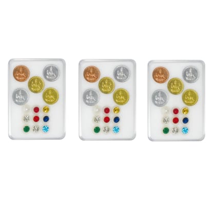Navarathna Panchaloha Pooja Kit (Set of 3) � Panchalogam Lakshmi Coins and Navaratna Gemstones for Positive Energy and Ritual Balance � Traditional Vaasthu and Bhoomi Pooja Set