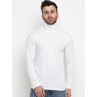 Fashlook Solid High Neck Cotton Blend Casual White Full Sleeve T-Shirt For Mens Fashlook Solid High Neck Cotton Blend Casual White Full Sleeve T-Shirt For Mens