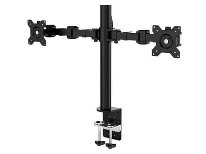 Dual Monitor LED Desk Stand Height-Adjustable Arm Mount with Horizontal Screw Clamp Heavy Duty Steel Construction Full Motion Swivel & Tilt Dual Monitor LED Desk Stand Height-Adjustable Arm Mount with Horizontal Screw Clamp Heavy Duty Steel Construction Full Motion Swivel & Tilt