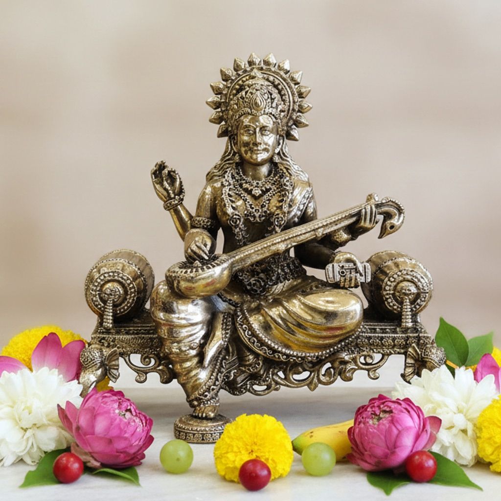 Brass Saraswati Ji God Idol Statue for Home Temple, Puja & Gifting, Height : 7.7 Inch (BSMAS1805 S)