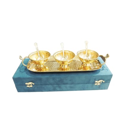 Brass 3 Bowl Set with Tray | Brass Katori Set | Decorative Brass Serving Bowl Gift Set in Velvet Box, Height : 2.5 Inch (BMAS317 B)