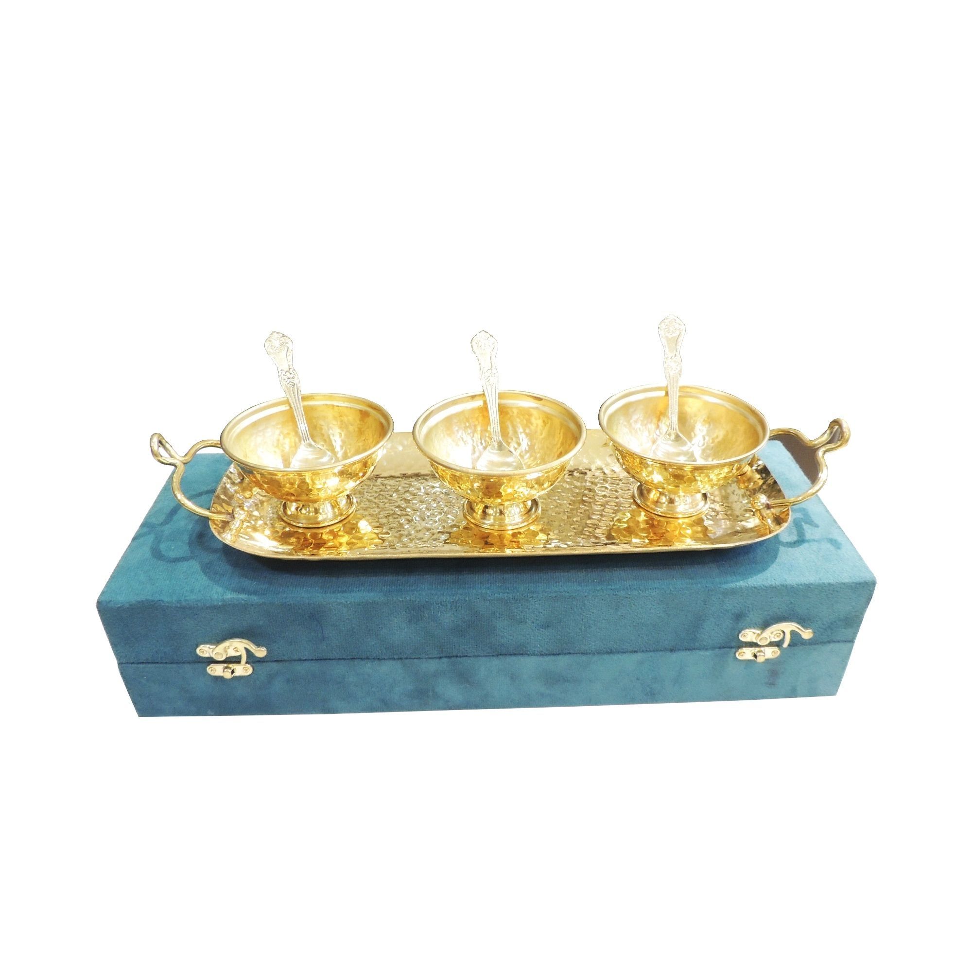 Brass 3 Bowl Set with Tray | Brass Katori Set | Decorative Brass Serving Bowl Gift Set in Velvet Box, Height : 2.5 Inch (BMAS317 B)