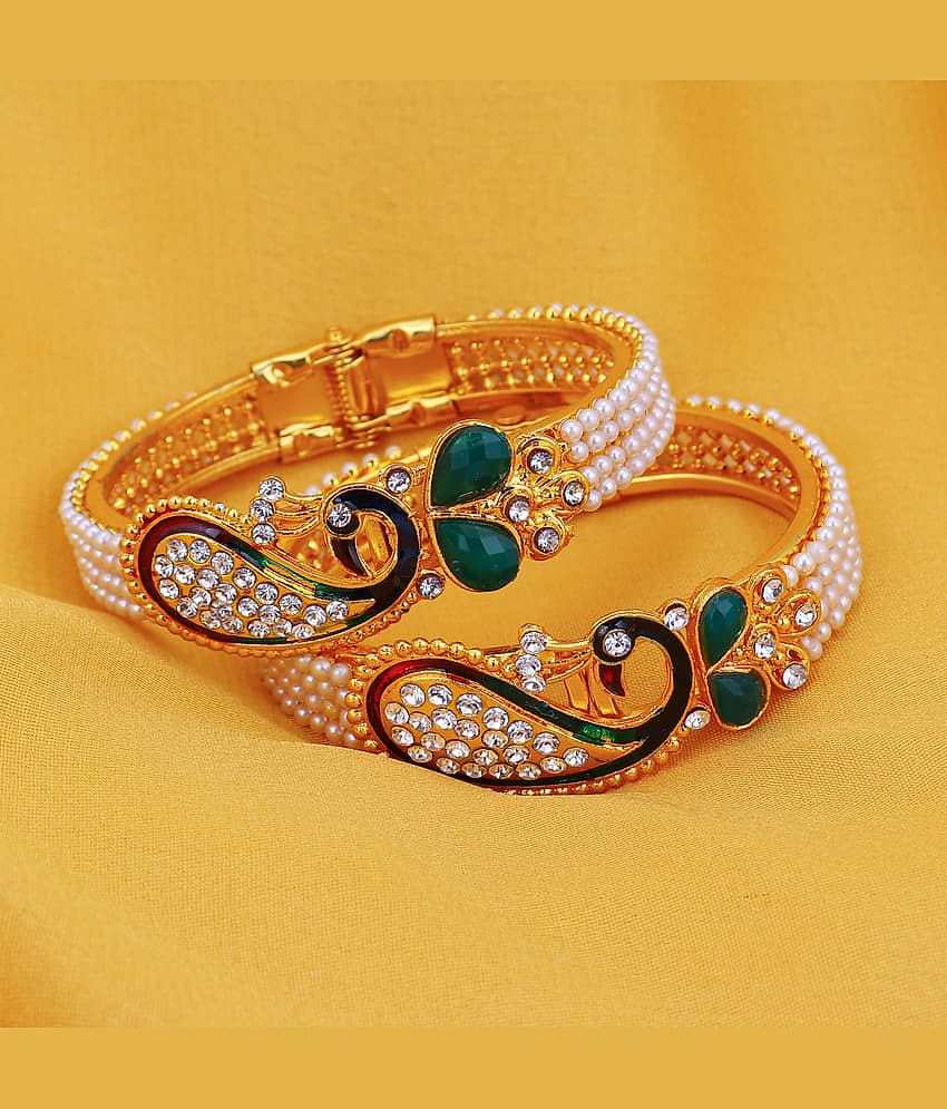 Sukkhi Glittery Pearl Gold Plated Peacock Meenakari Austrian Diamond Kada Combo For Women