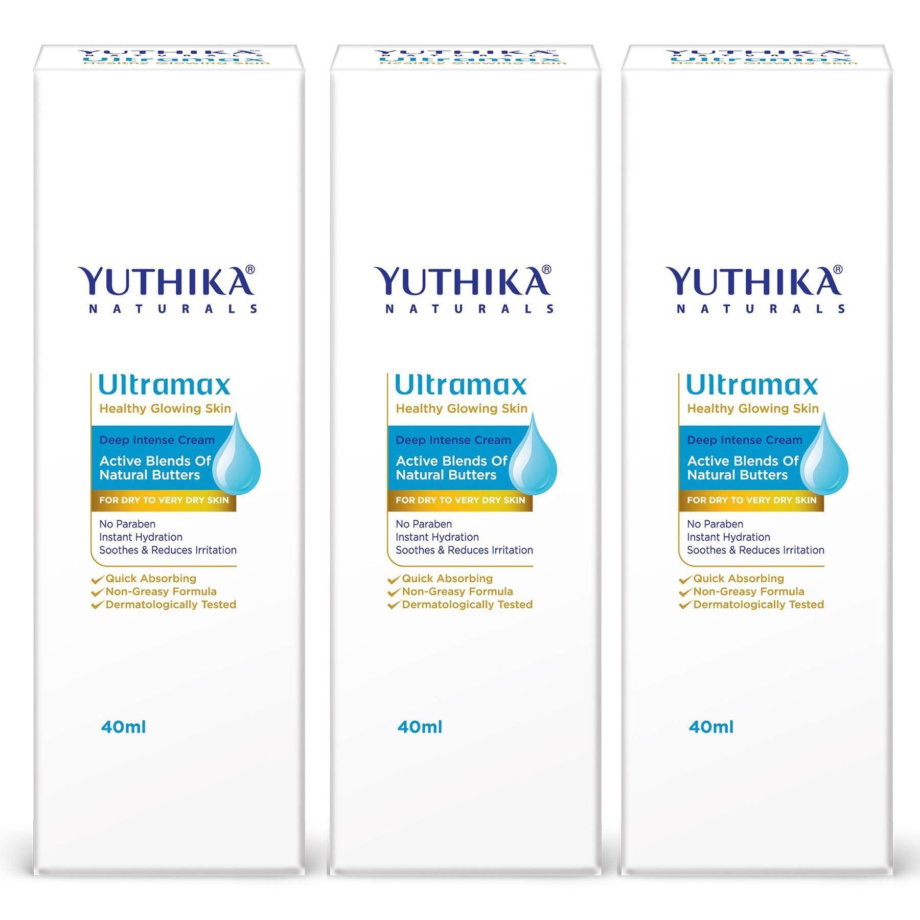 Yuthika Ultramax Deep Intense Moisturizing Cream for Dry to Very Dry Skin 40ml Pack of 3, Dermatologically Tested