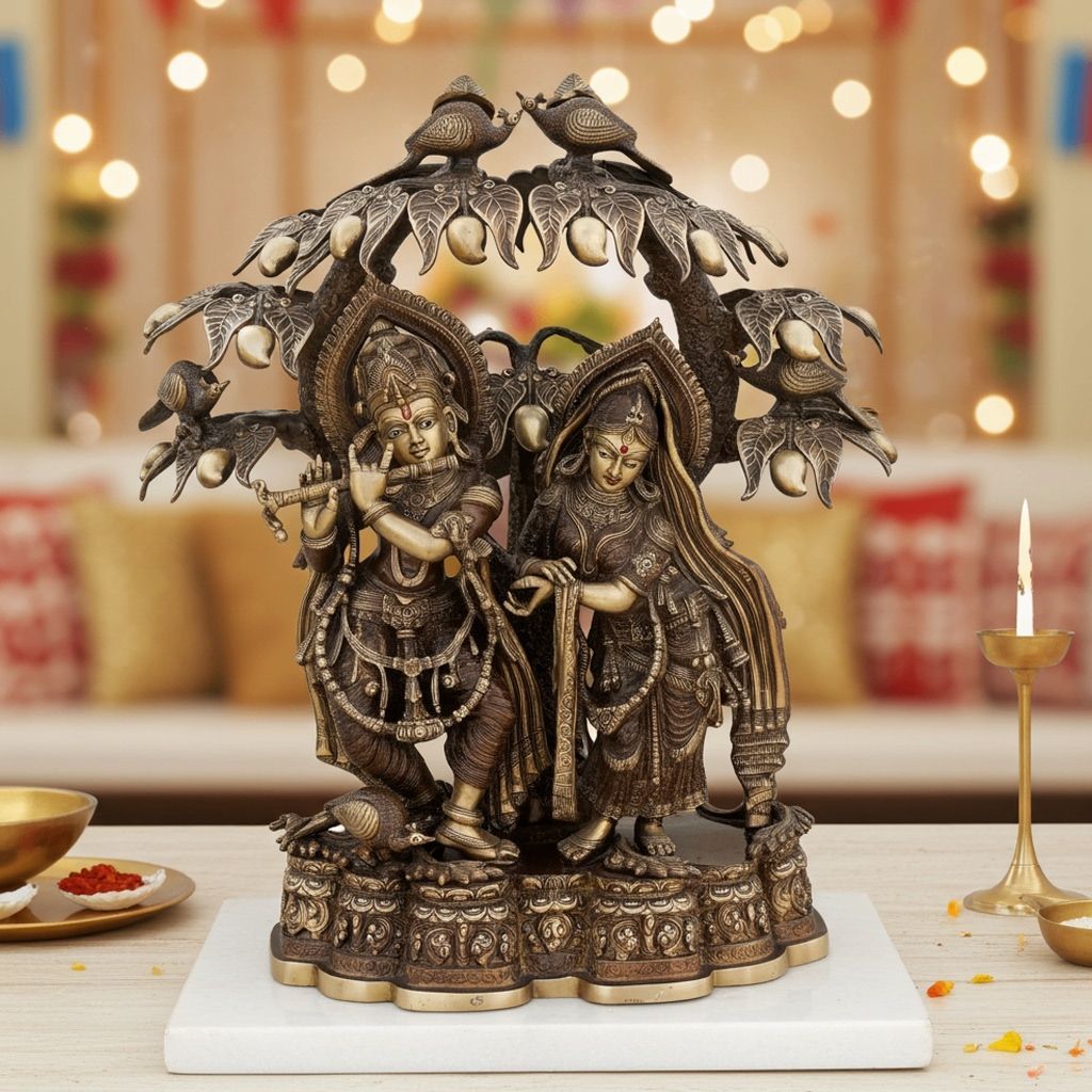 Brass Radha Krishna Idol With Tree - Decorative God Statue, Height : 28 Inch (BSMAS1626 G)