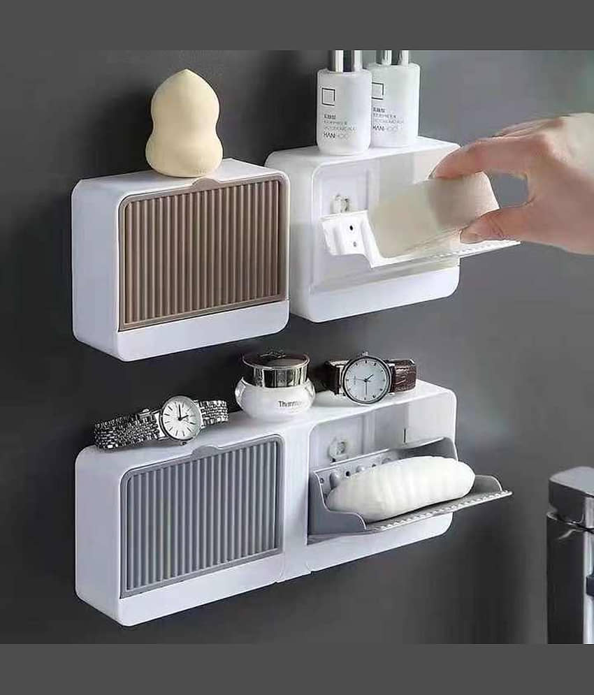 Radhe Creation Soap Holder soap holder soap case soap dispenser No-Drilling Clamshell soap Box Wall-Mounted with Cover Double Grid-Asphalt Toilet Laundry soap New Box soap Box (1 Pack)