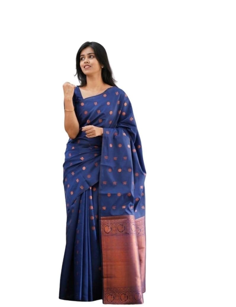 Women's Soft Lichi Silk Printed Saree With Unstitched Blouse 5.5Mtr (Blue)-PID63627