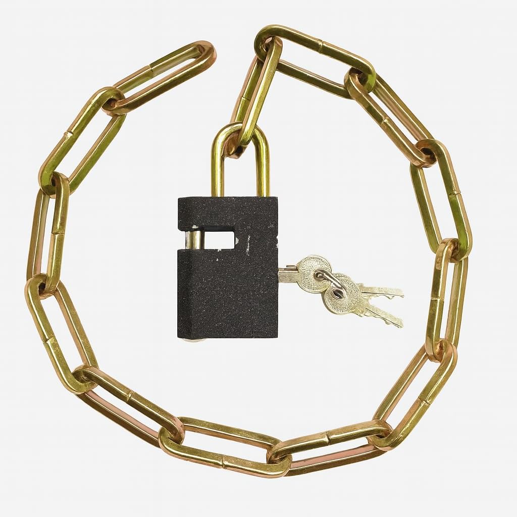 Anti-Theft Security Chain (2 Feet) with Attached Padlock & 3 Keys | Alloy Steel Chain Lock for Gate, Door, Luggage, Cycle, Bike & Motorcycle | Gold-Tone Metal Safety Chain