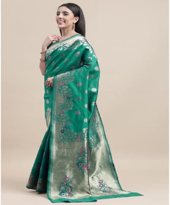 Women's Kanjivaram Silk Designer Weaving Saree with Unstitched Blouse (Green, 5.50 Mtrs)
