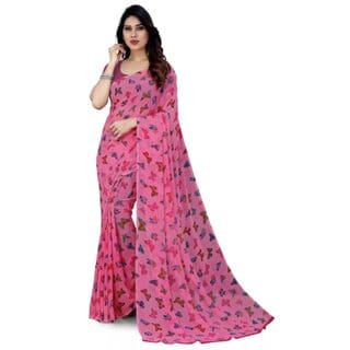 SVB Sarees Womens Baby Pink Colour Animal Printed Georgette Saree With Blouse Piece