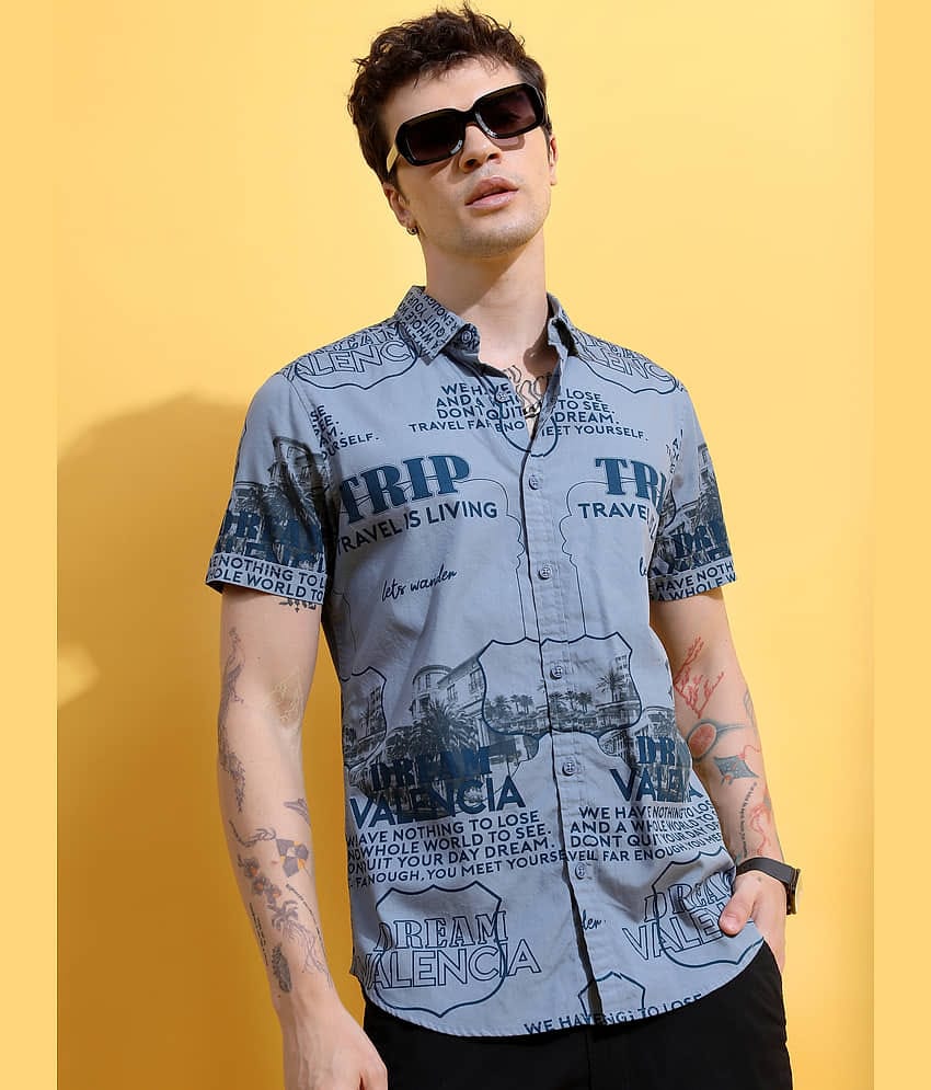 Ketch 100% Cotton Slim Fit Printed Half Sleeves Men's Casual Shirt - Blue ( Pack of 1 )