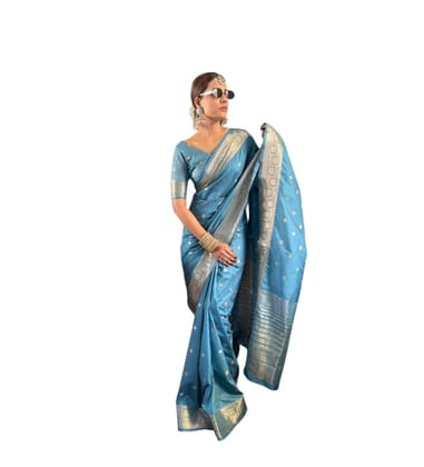 DARSHANS Women's Satin Printed Saree With Unstitched Blouse 5.5Mtr (light Blue)-PID65194