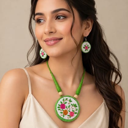 Handmade Embroidered Jewellery Set for Women White Green Casual Lightweight