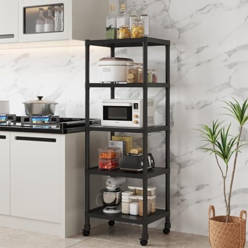 HOME CUBE 5-Tier Storage Shelf with Plastic Shelves with Wheels Kitchen Organizer Rack Microwave Stand