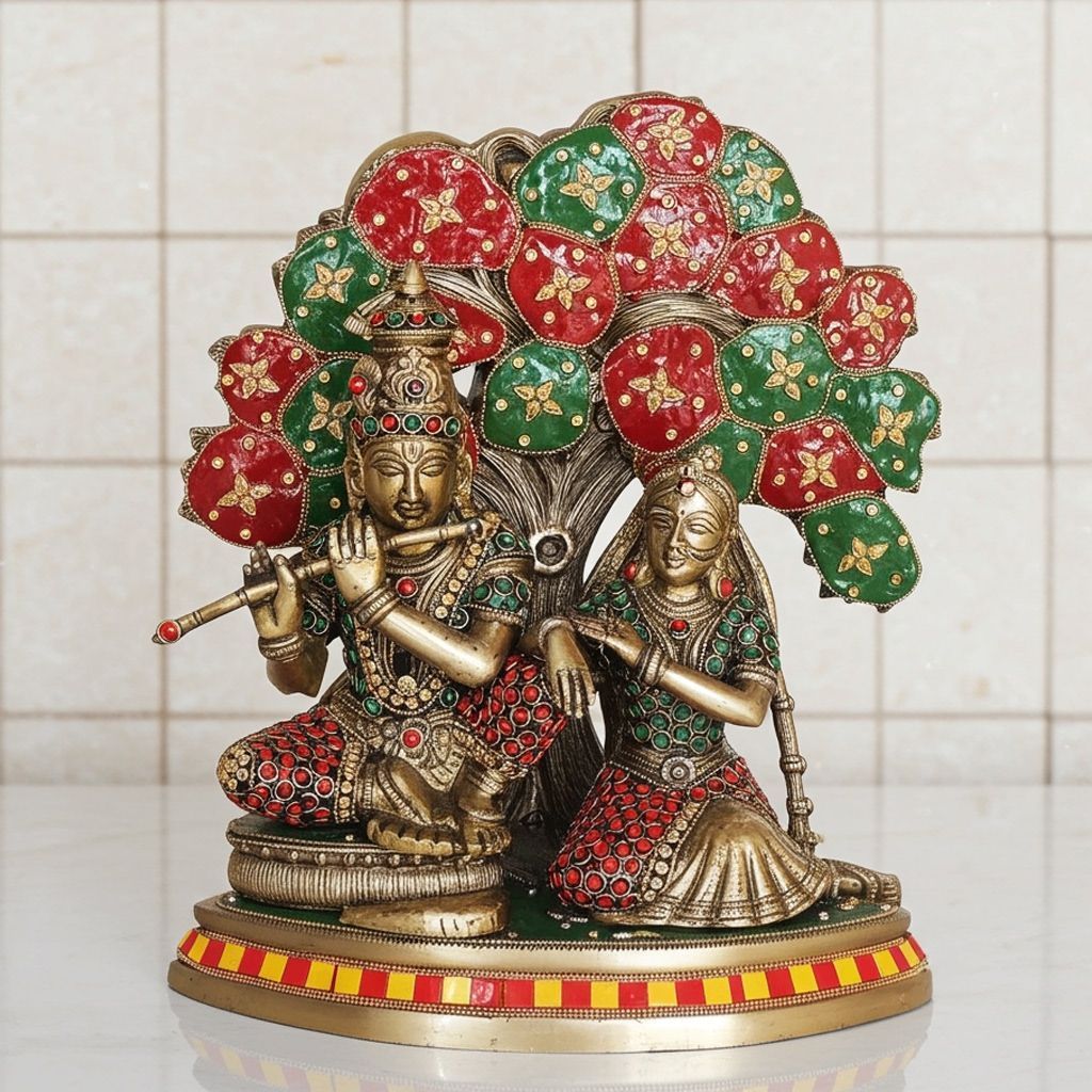 Brass Radha Krishna Idol With Tree - Handcrafted Showpiece, Height : 11.7 Inch (BSMAS1548 E)