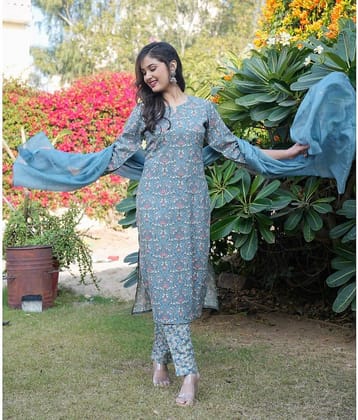 Vbuyz Rayon Printed Kurti With Pants Women's Stitched Salwar Suit - Light Blue ( Pack of 1 )