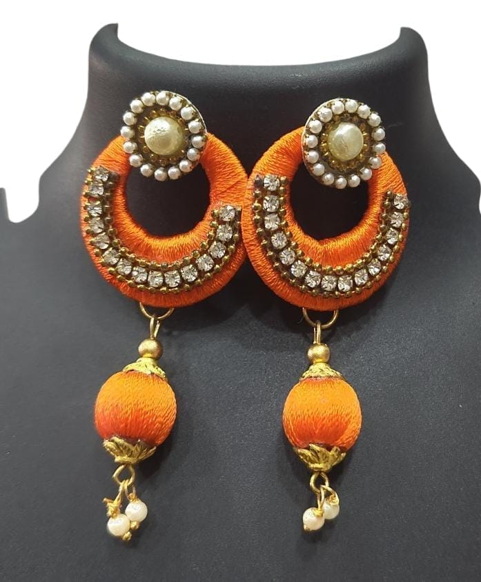 Orange Silk Thread Jhumka Earrings with Pearls and Rhinestones