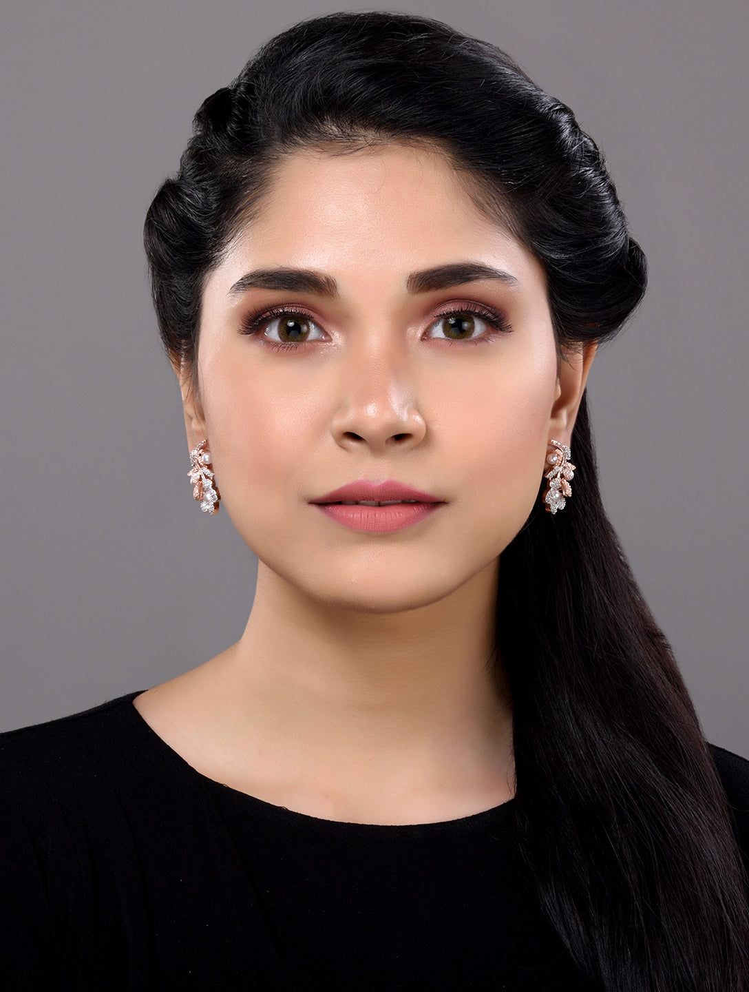 Rose Gold Plated white AD and Pearl studded Flower Stud Handcrafted Earrings