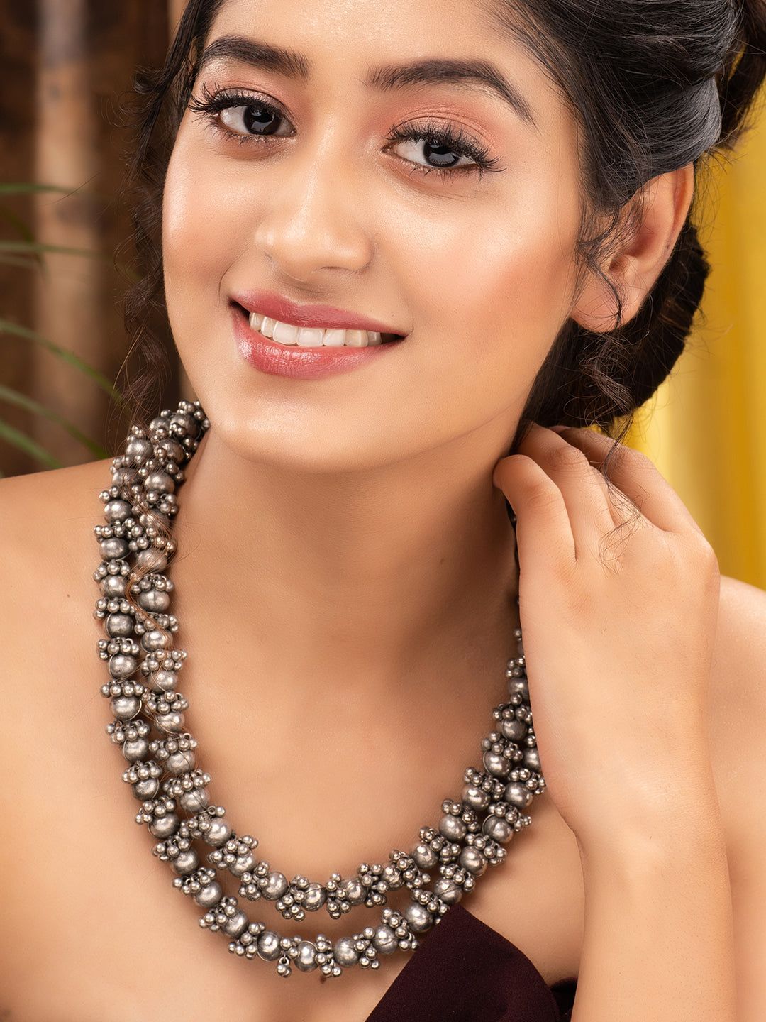 Oxidised Silver Plated Layered Ghugroo Necklace Chain