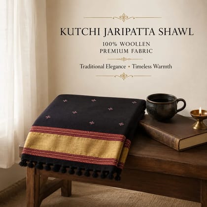 Black Kutchi Jaripatta Woollen Shawl Black Kutchi Jaripatta Woollen Shawl