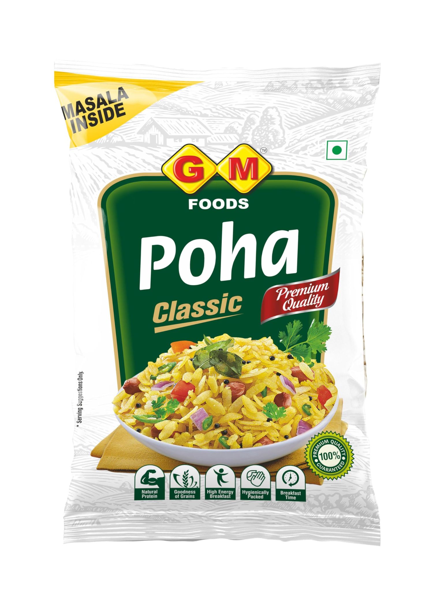 GM Foods Classic Poha, 500g (Masala Inside) Pack 5 | Source of Fibre & Protein | White Thick Poha Healthy Food | Flattened with Rice/Atukulu | No MSG, Artificial Colors & No Preservatives