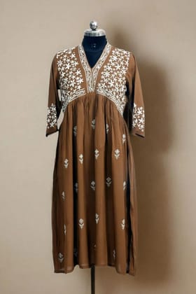 Hand-Embroidered Chikankari Modal V Neck Kurti | Brown Hand-Embroidered Chikankari Modal V Neck Kurti | Brown