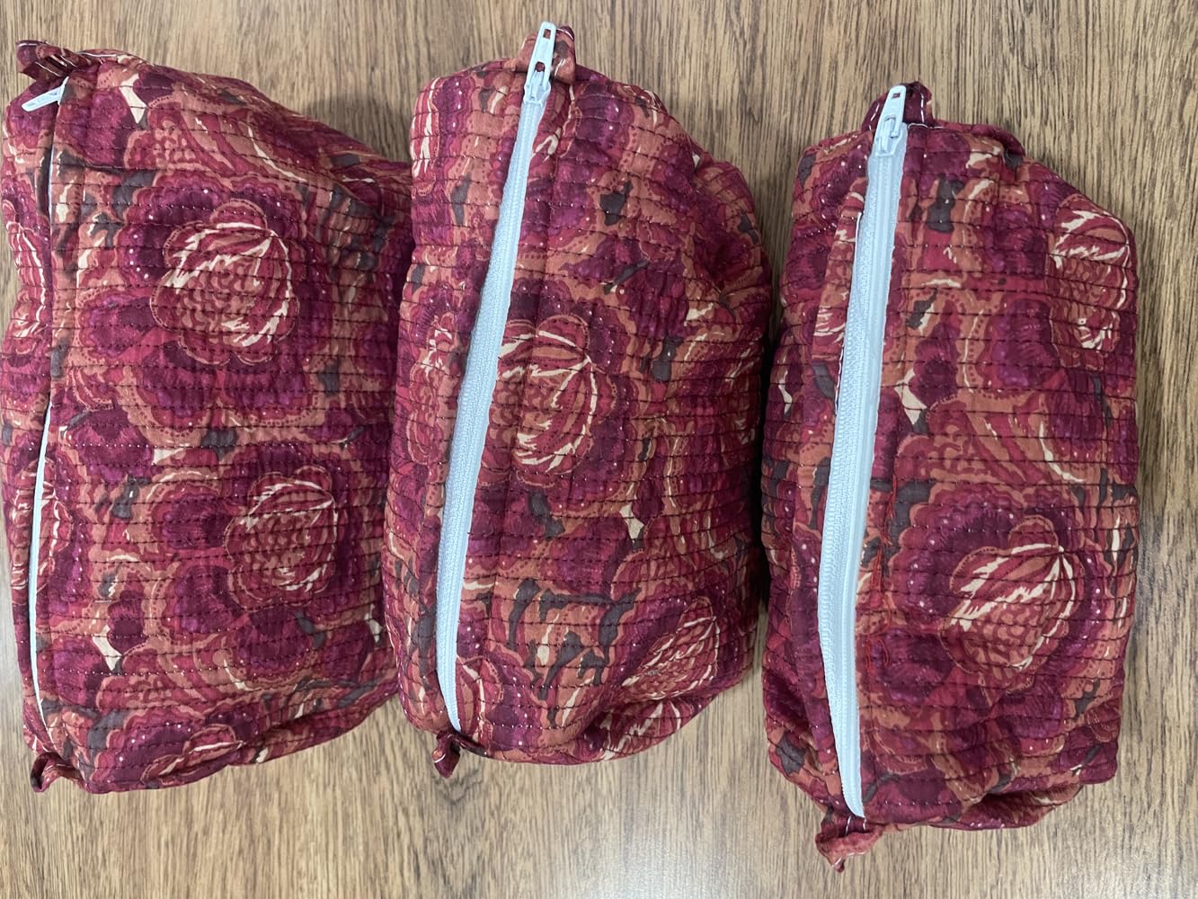 Quilted Cosmetic Bags, Maroon Floral Print, Light Blue Zipper, Set of 3, Travel Organizer Pouches