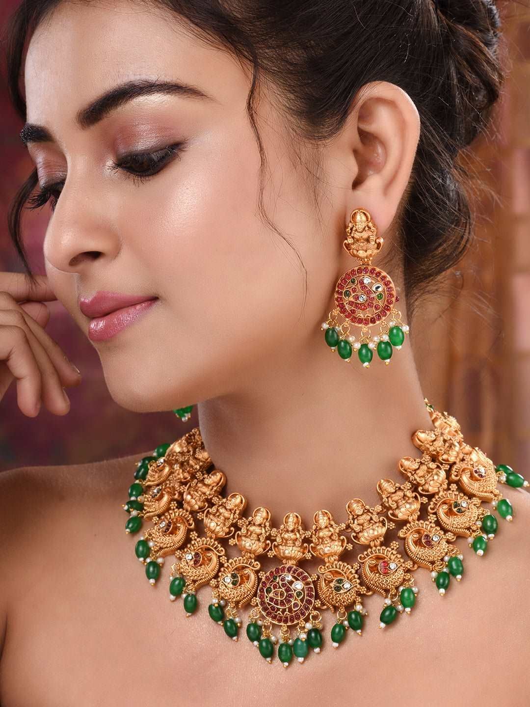 Gold Plated Kemp stone Studded Peacock Motif Temple Bridal Choker Jewellery Set