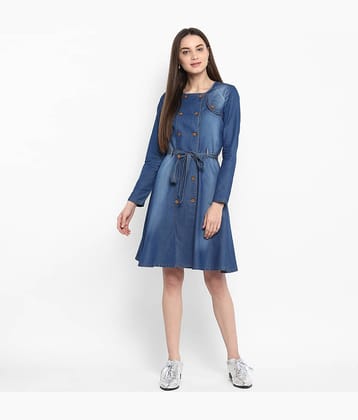 StyleStone Women Denim Fit & Flare Dress ( Blue )