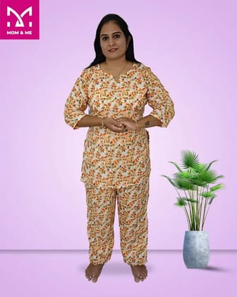 Mom And Me Orange Cotton Co-Ord Set (L) | Floral Leaf Print | Loungewear & Casual