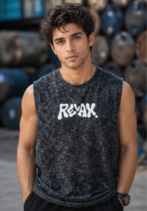 Hue Nox Men's Black Relax Graphic Oversized Vest Tank