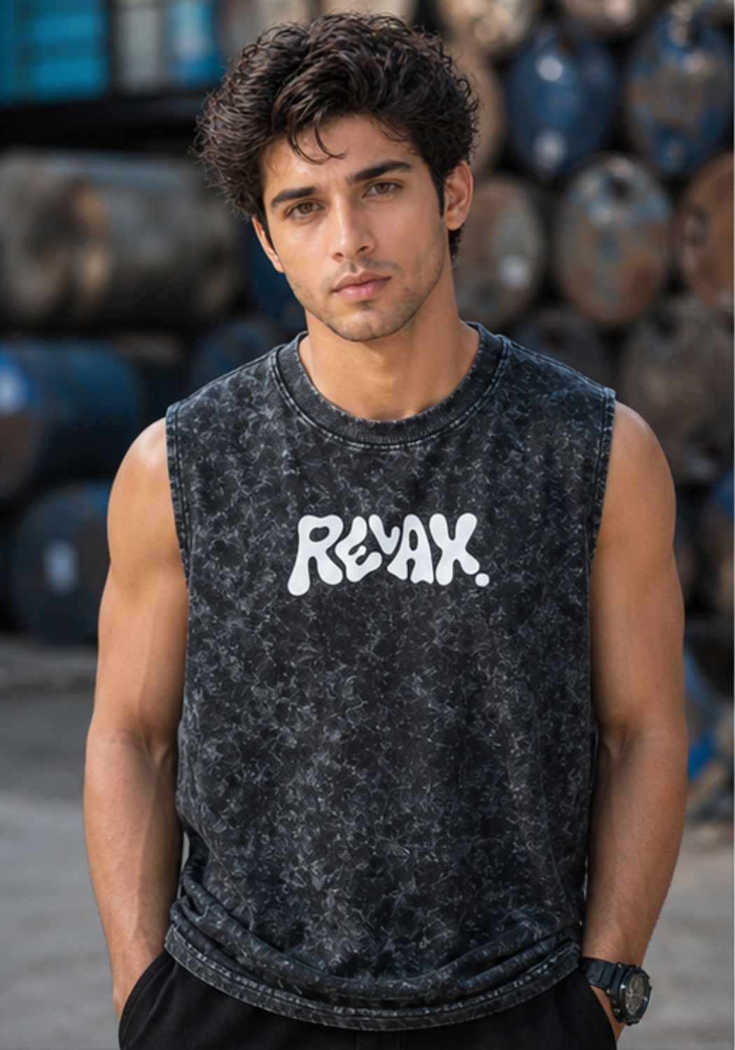 Hue Nox Men's Black Relax Graphic Oversized Vest Tank