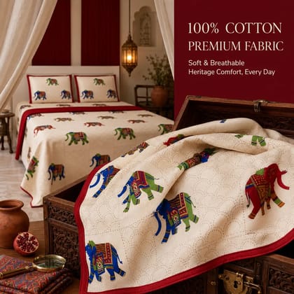 Rajwadi Elephant Cotton Bedsheet 100% Cotton King-Size with 2 Pillow Covers Rajwadi Elephant Cotton Bedsheet 100% Cotton King-Size with 2 Pillow Covers