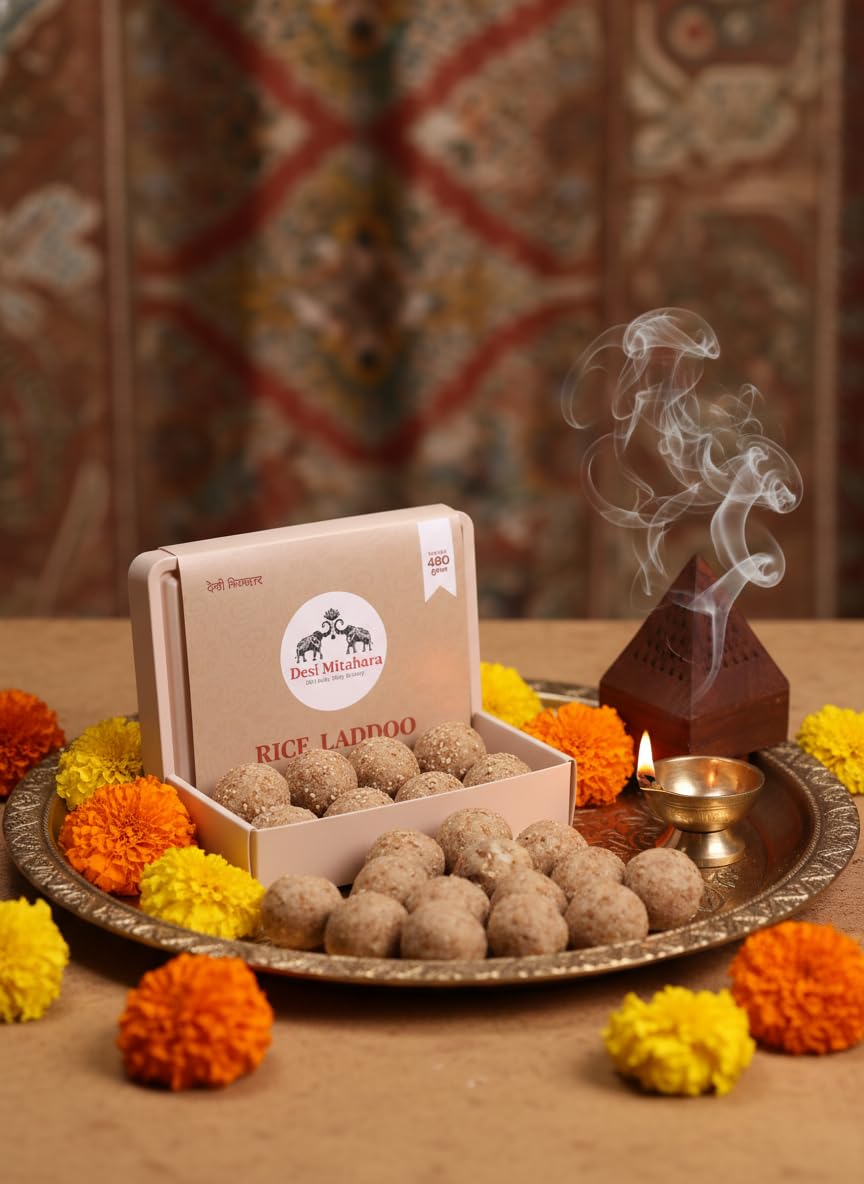 Desi Mitahara's Rice Ladoo - Made with Rice, Jaggery & Cow Ghee - Traditional Indian Sweet - Healthy, Nutritious Snack - 480g Pack - No Artificial Colours - Suitable for All Ages